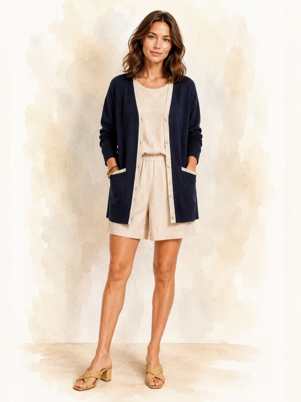 Escada Navy Silk Blend Cardigan with Cream Trim Accents